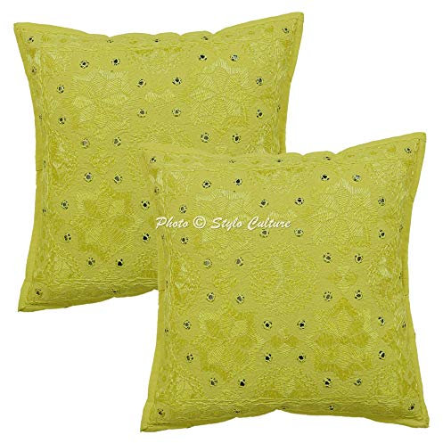 Stylo Culture Ethnico Fundas Cojines Decorativa 40x40 cm Algodón Espejado Funda Almohadon Sofa Amarillo Limón 16x16 Inch Bordado Cuadrado sobre Fundas Almohadones para Sillas - 2 Pcs