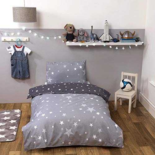 DREAMSCENE Bettbezug mit Kissenbezug - Bettwäsche-Set mit Galaxie-Sternen-Print, Wendbar, Silbergrau - Junior/Babybett-Größe