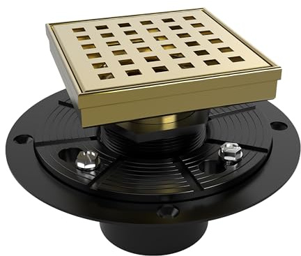 WEBANG 4 Inch Square Shower Drain Gold Floor Drain with Flange Square Holes Pattern Cover Grate Removable SUS304 Stainless Steel Watermark&CUPC Certified Brushed Gold