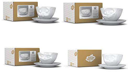Fiftyeight 4er Tassen-Set GRINSEND & KÜSSEND & GLÜCKLICH & LECKER | weiß | ca. 200 ml
