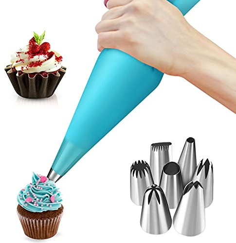 SUNJIOR 8pc Manga Pastelera de Silicona Reutilizables Kit,con 7 Boquillas de Acero Inoxidable y 1 Manga Pastelera de Silicona para Repostería,Decoración de Tartas y Cupcakes