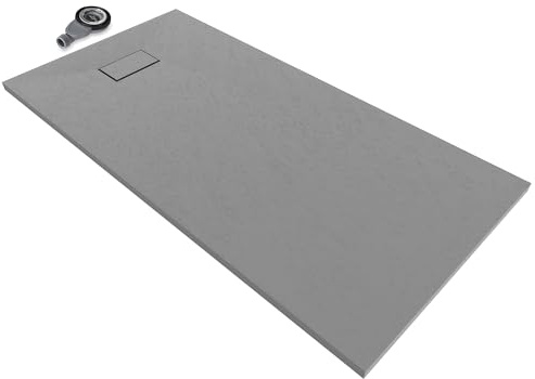 Moments of Glass SMC BOREAL Duschwanne 160x70 cm – extra flache Duschtasse (26 mm), rutschfest & robust, Schieferoptik, inkl. Ablaufgarnitur mit Deckel, Grau