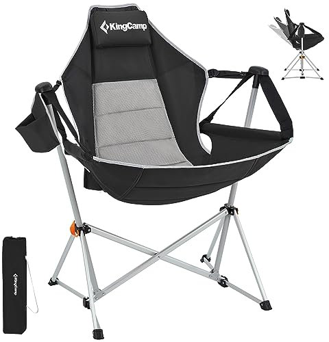 KingCamp Hängematte, Campingstuhl, Schaukelstuhl, Liegestuhl für Hinterhof, Rasen, Strand, Camping, Outdoor, Indoor, Erwachsene, tragbar, Liege, mit Tragetasche, Getränkehalter (Schwarz/Grau)