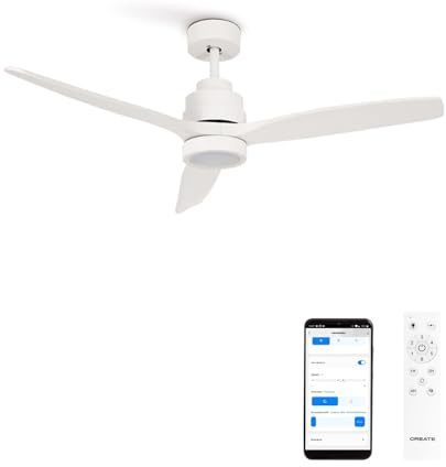 CREATE/ WINDSTYLANCE NATURAL WOOD/Deckenventilator mit Beleuchtung Weiß mit WLAN und Fernbedienung / 40W, Leise, Ø132 cm, 6 Geschwindigkeiten, Timer, Sommer-Winterbetrieb, doppelte Höhe, DC-Motor