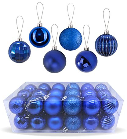 Zueyen Lot de 36 Boules de Noël décoratives, Boules de Sapin de Noël à Suspendre incassables, Brillantes et Scintillantes avec Boucle de Suspension pour Arbre de Noël, Mariage, fête, Vacances (Bleu)