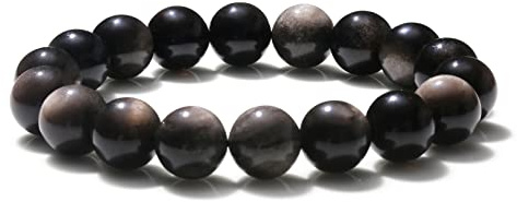 Thajaling Bracelet en obsidienne en argent naturel, bracelets de perles rondes faites à la main de 10 mm, Bracelet de bijoux de cristaux, bracelets de cristaux vintage pour femmes hommes