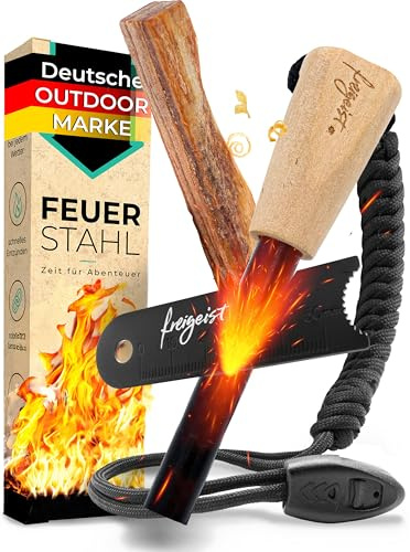 Feuerstahl Outdoor 12mm + Paracord Set – Magnesium Feuerstein mit Holzgriff | Feuerstahl Zunder | Notfallpfeife + Kienspan im Lieferumfang | Survival Kit für Camping & Outdoor | Magnesium Feuerstein Sets