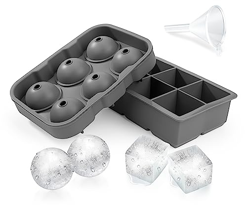 Bandejas de Cubitos de Hielo de Silicona Moldes Bolas de Hielo con Embudo Moldes Cuadrados Grandes de 6 Compartimentos de Cubitos de Hielo para Bebidas, Whisky y Cócteles, 2 Piezas (Gris)