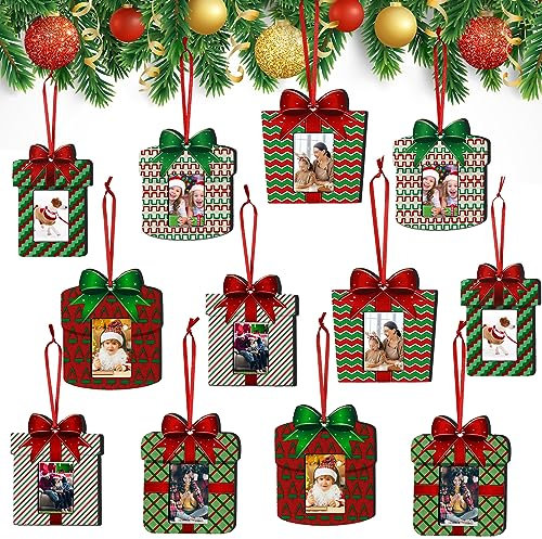 24 Pcs Christmas Wooden Picture Frames Ornaments Xmas Family Photos Small Picture Christmas Ornaments Hanging Christmas Tree Frame Mini Frames Box for Home Decor Holiday Present (Vibrant)