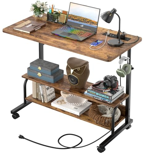 Besiost 32 Height Adjustable Standing Desk with Power Outlets - Manual Rolling Stand Up Desk with Wheels Small Portable Computer Desk Mobile Laptop Table with Storage Shelves for Home Office, Rustic