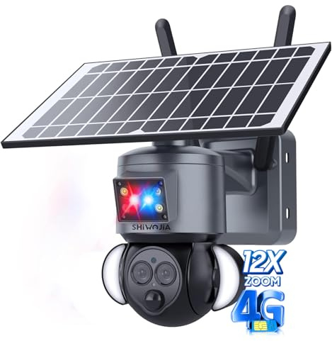 SHIWOJIA Camera Solaire Exterieur 4G sans Fil, 6MP Camera 4g + 12X Zoom + Double Objectif Caméra + Détection Humaine PIR + lumières Clignotantes Rouges et Bleues