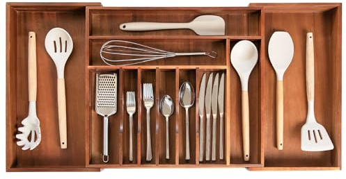 KitchenEdge Premium Silverware, Flatware and Utensil Organizer for Kitchen Drawers, Food-Safe Contract Grade, Expandable from 18.5 to 33 In, Natural Acacia