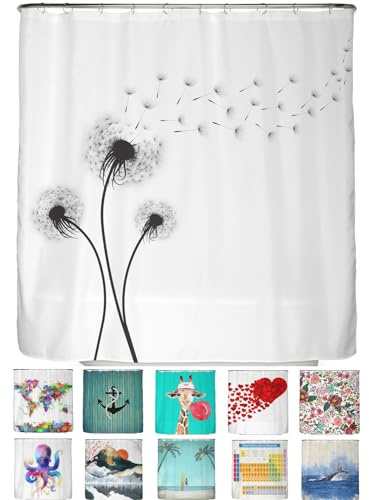 arteneur Anti-Schimmel Duschvorhang 180x180 cm Pusteblume Schwarz und Weiß | Textil recycelt, OEKO-TEX 100, 40°C Maschinenwäsche, blickdicht, wasserdicht, beschwerter Saum, mit 12 recycelten Ringen