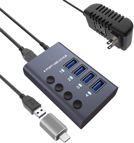 MaxLax 4 Port Aluminum USB 3.0 Hub with 4 Port USB Data Transfer 36W Power Adapter (12V/3A), Independent Switch