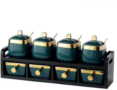 Botes Especias Juego De Recipientes Para Condimentos De Cerámica Con Soporte De Madera, Juego De Azucarero, Tarro Para Condimentos Con Tapa Y Cuchara Para Cocina Casera Salero Y Azucarero Cocina