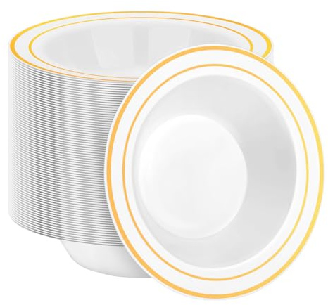 BESTSTAR 100 Pack Disposable Soup Bowls with Gold Rim, 12oz Premium Heavy Duty Plastic Dinner Bowls for Party, Wedding and Holiday