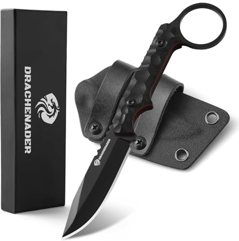 DRACHENADER Gürtelmesser mit Kydex Scheide quer - Full Tang Compact Neck Knife Outdoor Messer mit feststehender Klinge - Vollständig schwarzes Design