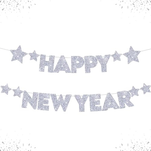 DazzJoy Happy New Year Girlande Silber,Glitzer Silvester Deko 2026 Girlande Banner,Neujahrsdeko,Neujahr Silvesterdeko,Neujahr Deko Girlanden für Silvester Dekoration,2026 Silvester Party Deko Zubehör