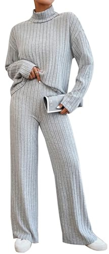 EFOGEP Damen Pyjamas Set Frauen Schlafanzug Loungewear 2PCS Pjs Langarm Rippenstrick Rollkragen Nachtwäsche Pullover Top und Weite Hosen Freizeit Anzüge Homewear Winter Warme Nachtwäsche