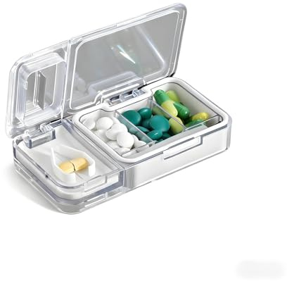 PARFCO Tablettenteiler, Tragbarer Pillenteiler, 4-in-1Tablettendose Klein, mit Aufbewahrungsfach und scharfen Klingen, für Aufbewahren, Schneiden, Zerkleinern und Herausnehmen von Medikamenten
