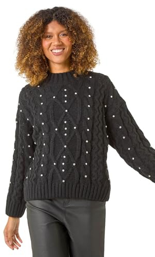 Roman Originals Diamante Cable Knit Jumper for Women UK - Ladies Everyday Autumn Winter Funnel Neckline Comfy Soft Evening Vacation Work Party Night Out - Black - Size 14
