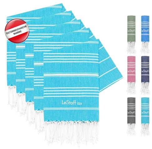 LeStoff 5er Hamamtuch-Set, 100% Bio-Baumwolle, 50x100 cm, Aquablau | Für Bad, Gäste, Gesicht, Sport, Reise und Camping – vorgewaschen, nachhaltig, leicht, kompakt, saugstark und schnelltrocknend