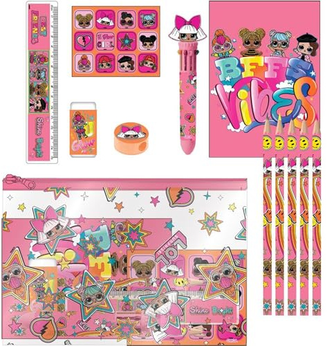 Eva LOL Skolpapper Set - Komplett pennfodral för flickor med färgpennor, markörer och skoltillbehör dekorerade med LOL Surprise dockor för färgläggning, teckning och lärande, Eva Lol, 22.0x14.0x0.5 cm