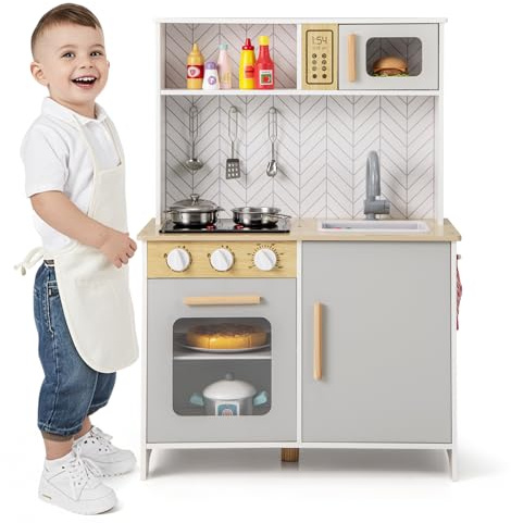 HOMASIS Juguete de Cocina Infantil con Luces y Sonidos, Cocina de Madera con 3 Utensilios de Cocina, Cocina Realista con Grifo, fogón, microondas y Horno para niños de 3+ años, 60x30x85cm, Blanco