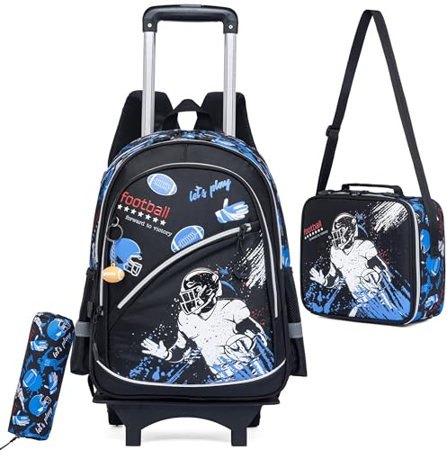 HTgroce 3pcs Trolley for School Backpack Elementary Child Travel Middle School Backpack with Wheels with Snack Bag and Pencil Case, Soccer Blue