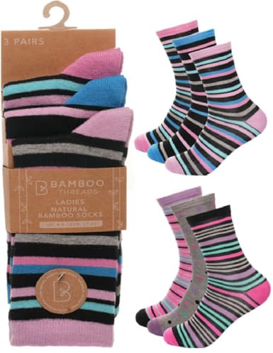 OnlyBee 3 paia di calzini da donna in bambù sani e morbidi, a righe luminose, da donna, colore rosa, taglie da 36 a 40