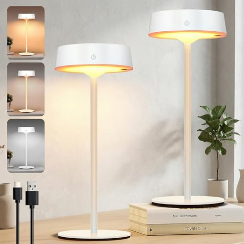 Rosnek LED Tischlampe Kabellos, Solar Outdoor Tischlampe für Touch Schalter, Weiß USB Akku Tischleuchte, 3 Farbtemperaturen Stufenlos Tischleuchte Dimmbar für Innen & Aussen (2er Pack)