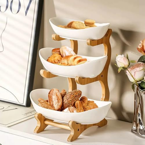 HUOLE Corbeille a Fruits Céramique avec Support en Bois résistant, Plateaux de Service pour Gâteaux Fruits Dessert, Bambou Support à Panier de Fruits, Décoration Coupe de Fruit-14 * 22,5 * 32cm-Blanc