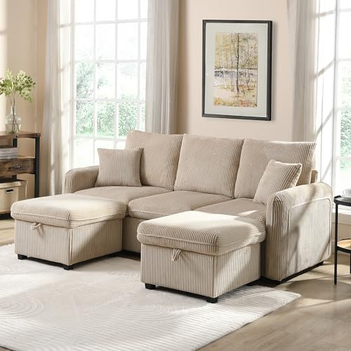 Dalred Multifunktionale Ecksofa U-Form-Dreisitzer Polster-Sofa mit Staufunktion – Inklusive Schubladen + Hocker mit Staufach,Cord-Stoff, modular zerlegbares Sofa-Set mit Schlaffunktion (Beige)