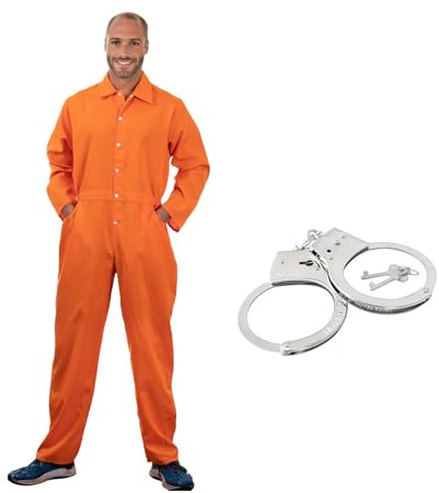 ABC.icos Herren Gefangener Kostüm, Herren Orange Overall mit Handschellen, Gefängnis Kostüm, Kriminelles Kostüm für Halloween Gefangener Räuber Cosplay Karneval