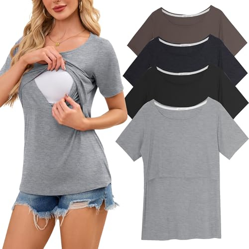 Smallshow kvinnors omsorg toppar Ribbade kortärmade amning kläder 4 Pack,Black-Brown-Deep Grey-Light Grey,XL