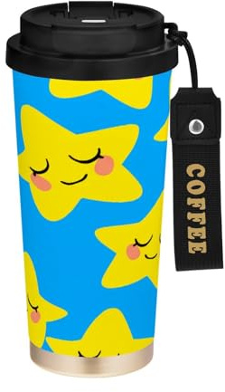 JUMBEAR Taza de viaje con aislamiento al vacío de estrellas amarillas, tazas de viaje reutilizables para café, taza de café de acero inoxidable de doble pared a prueba de fugas con tapa para bebidas