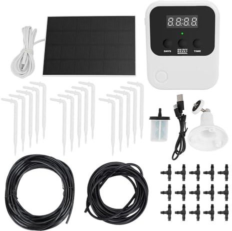 Système d'arrosage automatique solaire, kit d'irrigation solaire à goutte solaire extérieure avec minuterie et batterie de 2000mAh pour le système d'arrosage du jardin de balcon