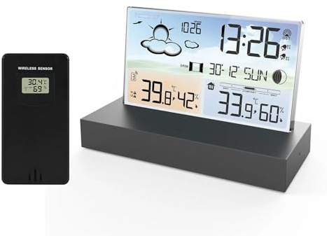 AIRYSSFU Estaciones Meteorológicas, Reloj Despertador Digital Temperatura Humedad pronóstico del Tiempo electrónica Escritorio Reloj de Mesa batería AA Sala de Estar Dormitorio