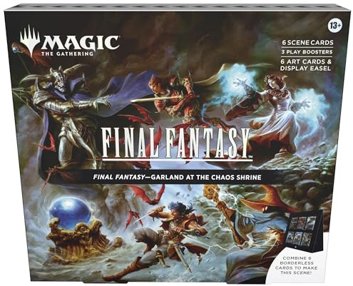 Magic: The Gathering - Caja de escena de Final Fantasy - Guirnalda en el Santuario del Caos | 6 tarjetas de escena sin bordes de aluminio, 6 tarjetas de arte, 3 potenciadores de juego + 1 caballete de