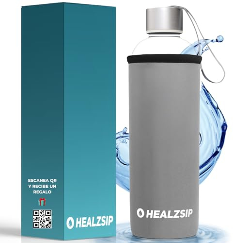Botella Agua Cristal 0,5 Litro + Funda Neopreno + Guía + Calculadora | Botella Vidrio Borosilicato | Reutilizable y Apta para Lavaplatos | Glass Water Bottle | Ideal para Casa y Oficina