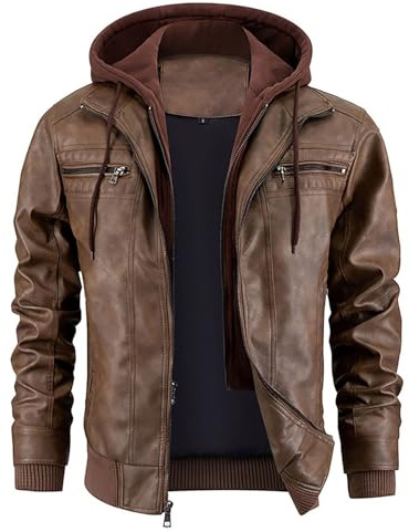 Zanisouta Veste en Cuir Velours pour Homme avec Col Montant, Veste en Cuir Détachable avec Capuche, Veste Biker en Similicuir Décontractée, Veste en Similicuir pour Moto, Veste Bomber à Capuche
