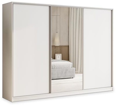 Masseno Schwebetürenschrank TARI 270/205/58 cm Kleiderschrank mit 4 Schubladen Schlafzimmer Schiebetürenschrank 3-türig mit Spiegel Weiß