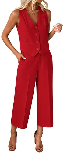 luvamia Pant Suits for Women Dressy Casual 2 Piece Sets Sleeveless Blazer Vest with Wide Leg Capri Pants Work Outfit Red Small