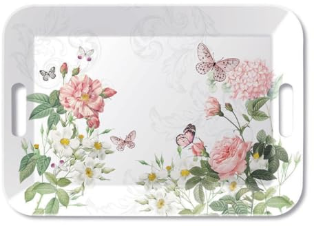 Tablett 47x33cm Melamin mit Rosen & Schmetterling Motiv - zum Dekorieren & Servieren - Serviertablett für Kaffee Tee Frühstück - Tischdeko Frühling Sommer Hochzeit - Dekotablett Floral Weiß Rosa