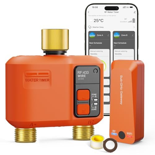 Styrenhet WiFi-bevattning 2 utgångar med 300 meter RF, mässing inlopp och utlopp, smart bevattningstimer kompatibel med APP och Alexa sång, regnfördröjning, bevattningstimer