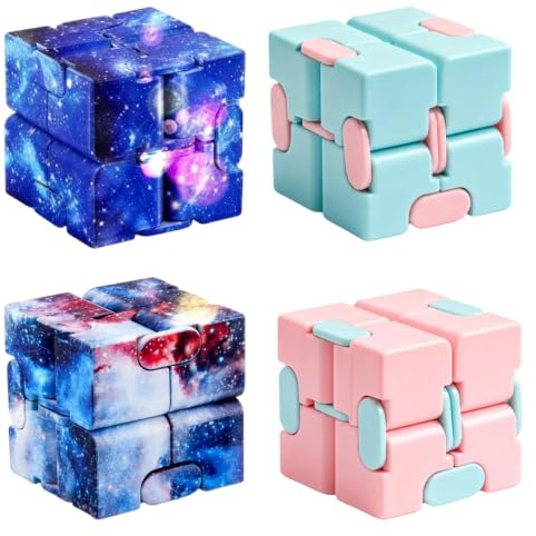 4 PCS Infinity Cube, Fidget Cube for Stress Relief | 4-Pack Infinity Cube Set in Cosmic Blue, Cosmic Sea, Green and Pink Colours