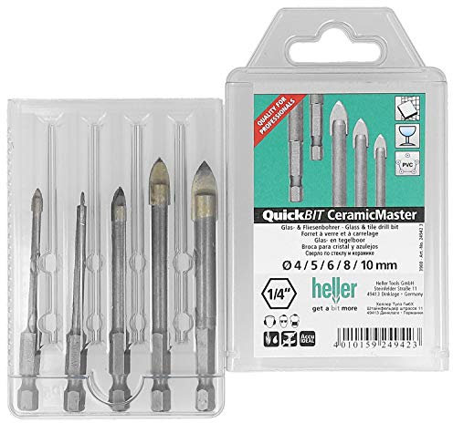 Heller Tools QuickBit CeramicMaster Profi Fliesenbohrer Glasbohrer Set 5-teilig, 4/5/6/8/10, Rundschaft