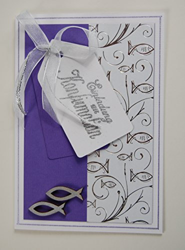 5 x Hochwertige Einladungskarten zur Konfirmation Fische - lila *Handmade*