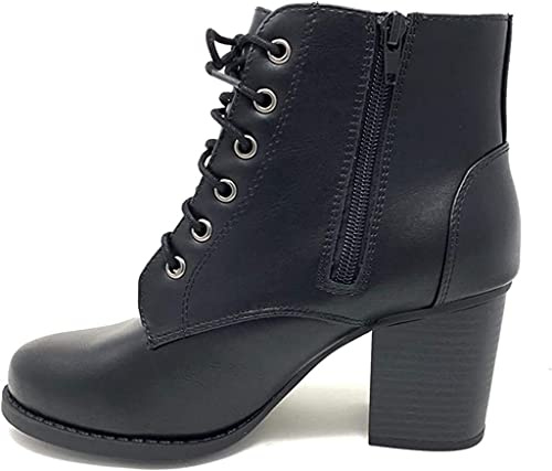 Soda Women's Korman Faux Leather Lace Up High Chunky Heel Ankle Booties, Black, 7 M US