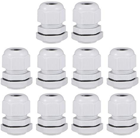 sourcing map M22x1.5 Presse-étoupe 7mm-12mm Fil Trou Imperméable Nylon Joint Réglable Contre-écrou avec Rondelle Blanc 10Pcs